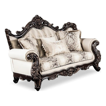 Zephyra Traditional Faux Leather Upholstered Loveseat with Rolled Arm and Accent Pillows, Wooden Comfortable Couch