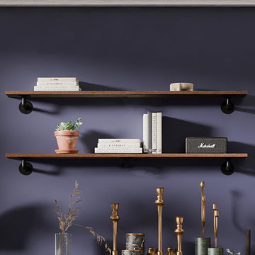 Industrial Pipe Shelving 48 Inch, 2-Tier Walnut Wall Mounted Shelves