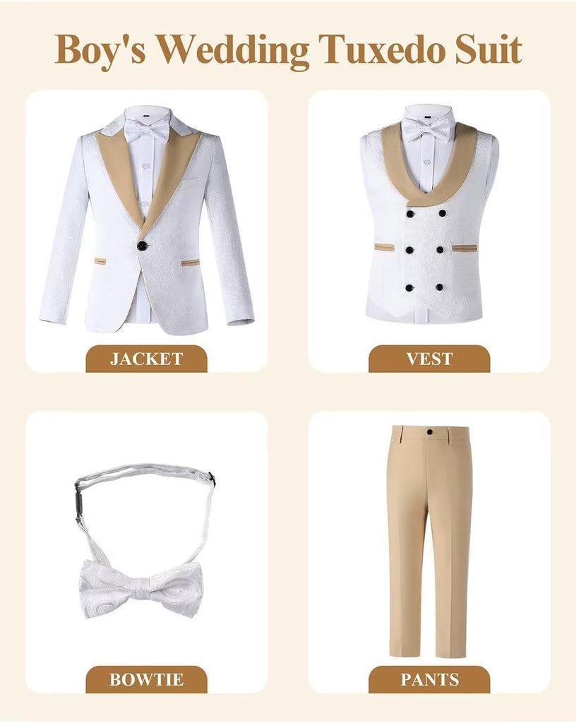 Boys Tuxedo Suit Slim Fit Jacquard Dress Suits for Kids 4 Piece Set