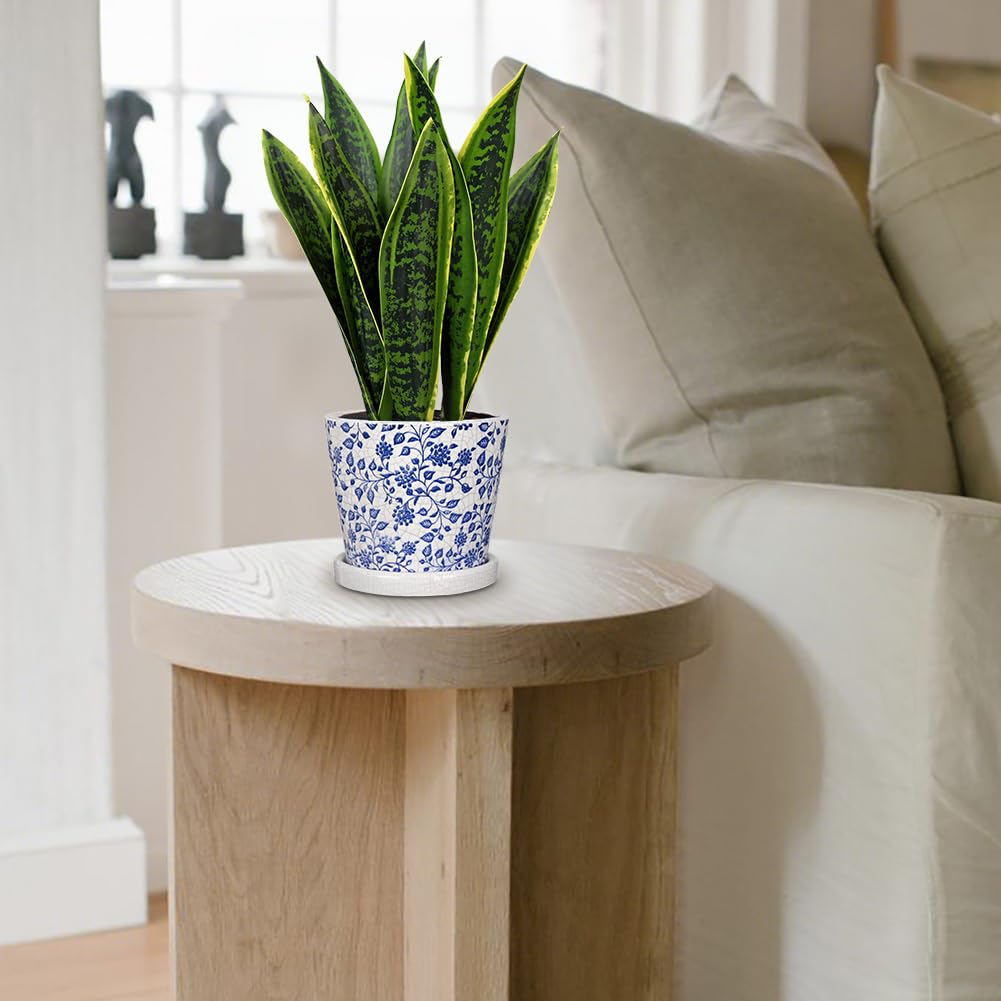 Fake Plants 15.7" Artificial Snake Plant Faux Plants in Blue and White Pot Tropical Sansevieria Silk Plant Fake