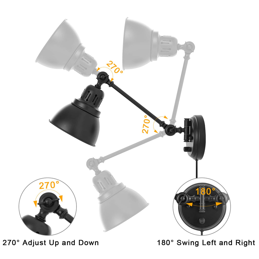 Plug in Wall Sconces, Wall Sconce Lighting with Dimmable On Off Switch, Swing Arm Wall Lamp, Black Metal Industrial