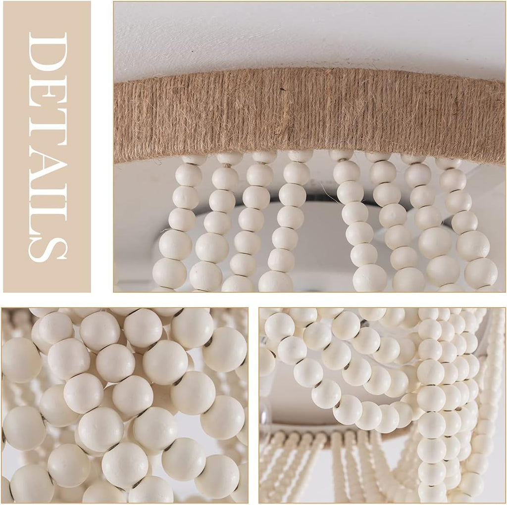 Bohemia Wood Beaded Flush Mount Ceiling Light Antique Rustic Mini Chandelier White Finishing Room, Girl Room