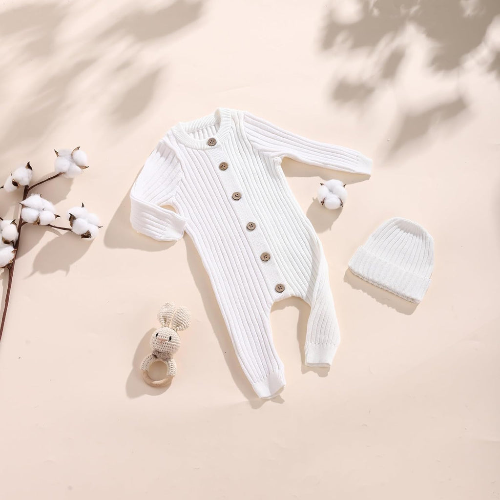 Knit Baby Romper Set Ribbed Newborn Outfit Clothes With Hat