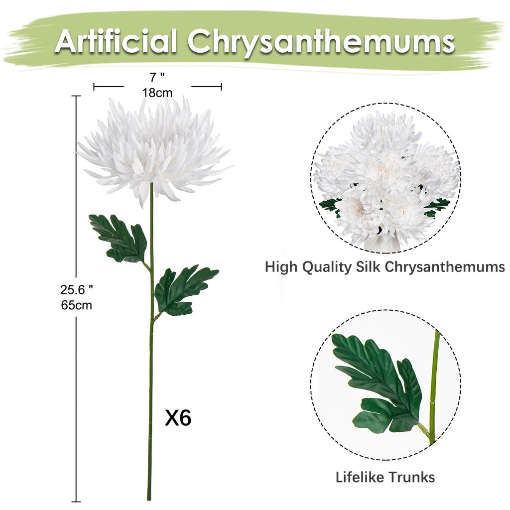6Pcs Cream White Artificial Mums Flowers Large Chrysanthemum Flowers Silk Flower 25.6" Long Stem Faux Spider Mum