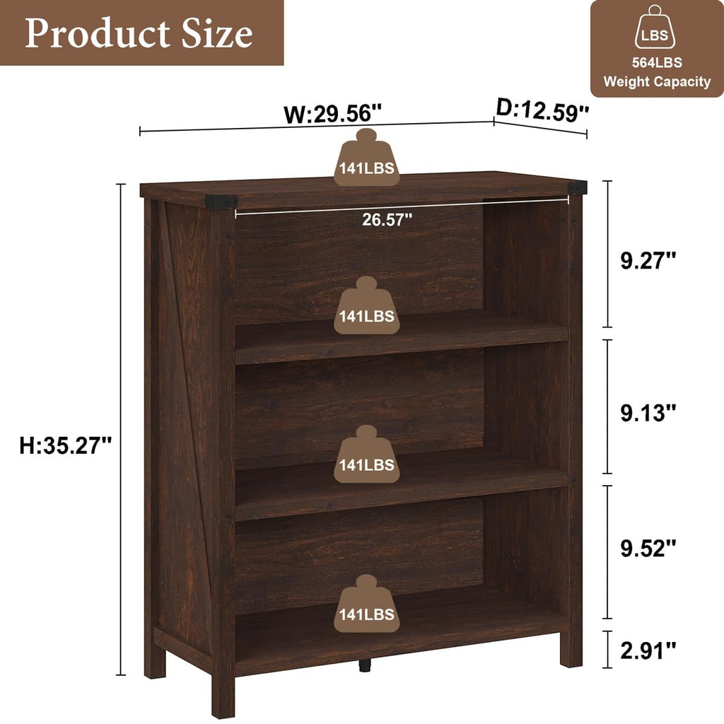 Small 3 Tier Bookshelf, Short Wood Bookcase, Brown Cherry, 36"