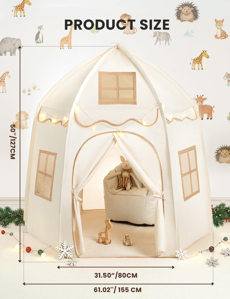 Large Kids Play Tent with Star Lights, 1 Door & 3 Windows, White