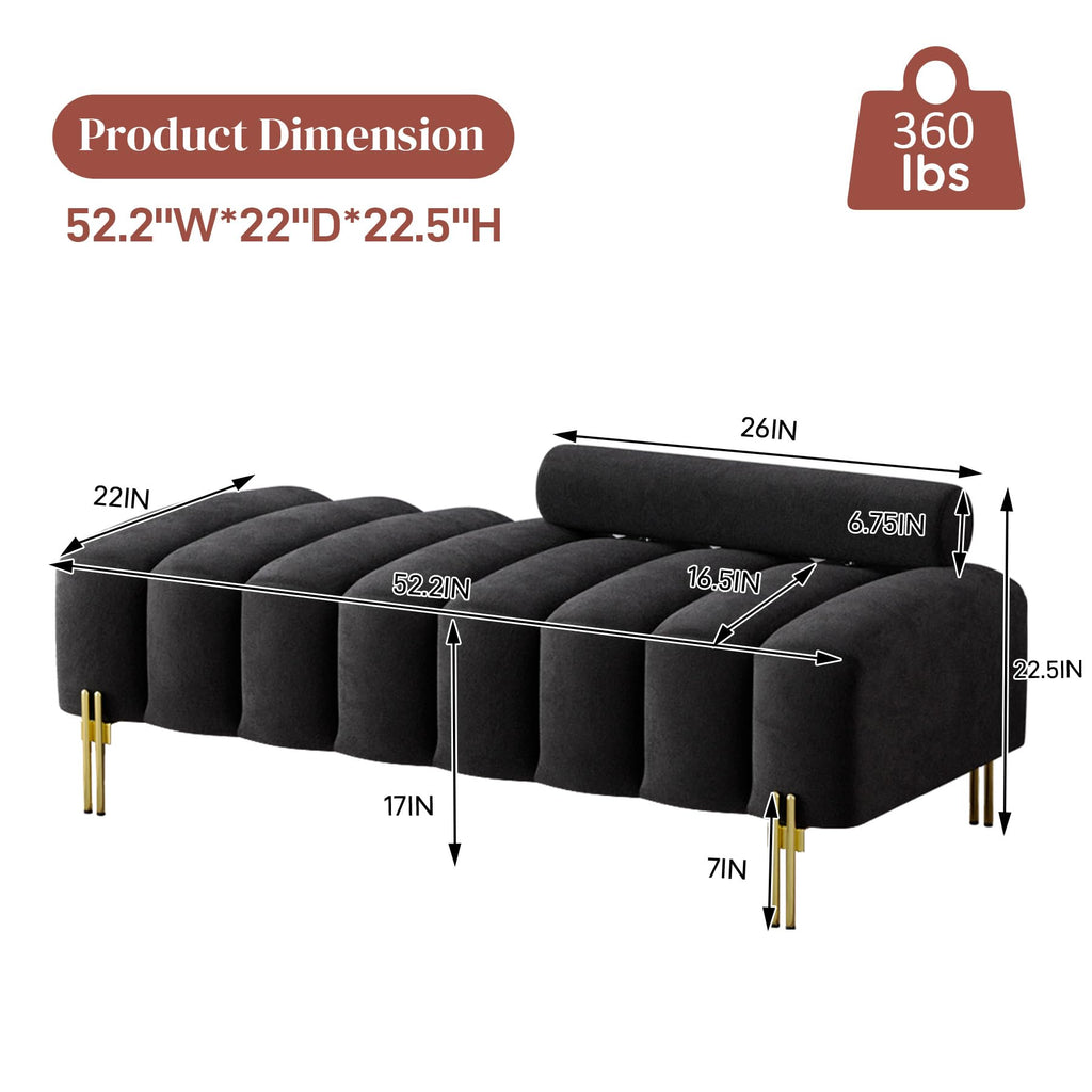 52" Velvet Bench Bedroom Ottoman Bench with Adjustable Back, Black