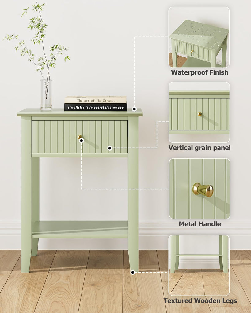Fluted Nightstand, Farmhouse Night Stand with 2 Drawers, Mid Century Modern Side Accent Table, Bedside End Table