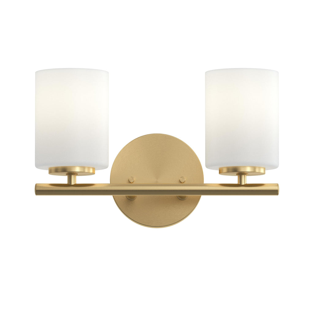 Replay 13 Inch 2-Light Vanity Light, Transitional, Brushed Gold with Etched Glass Shades, (7.875" H x 13" W x 6" D)