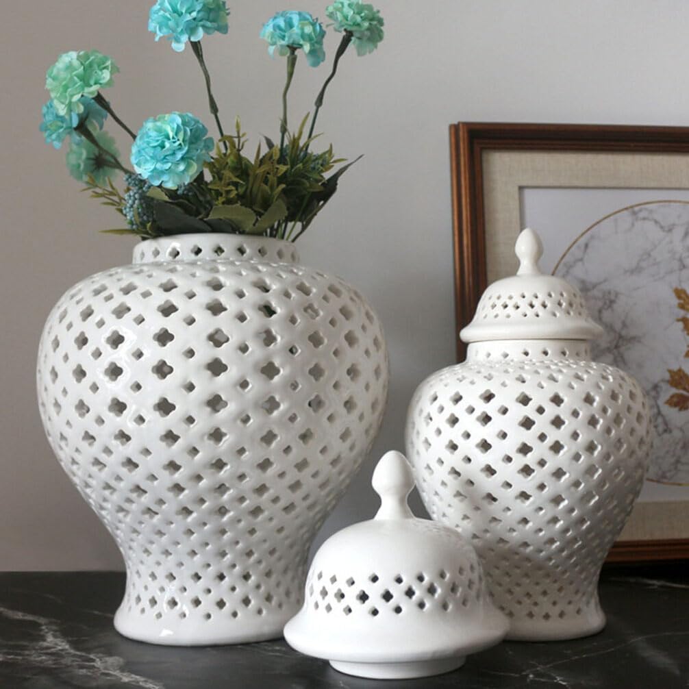 Ginger Jar Traditional Pierced Ginger Jar with Lid Ceramic Flower Vase Carved Lattice Decorative Temple Jar White