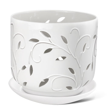 Orchid Pots with Holes, 7 Inch Orchid Pots with Drainage Holes and Tray, Indoor or Outdoor Ceramic Flower Pot for
