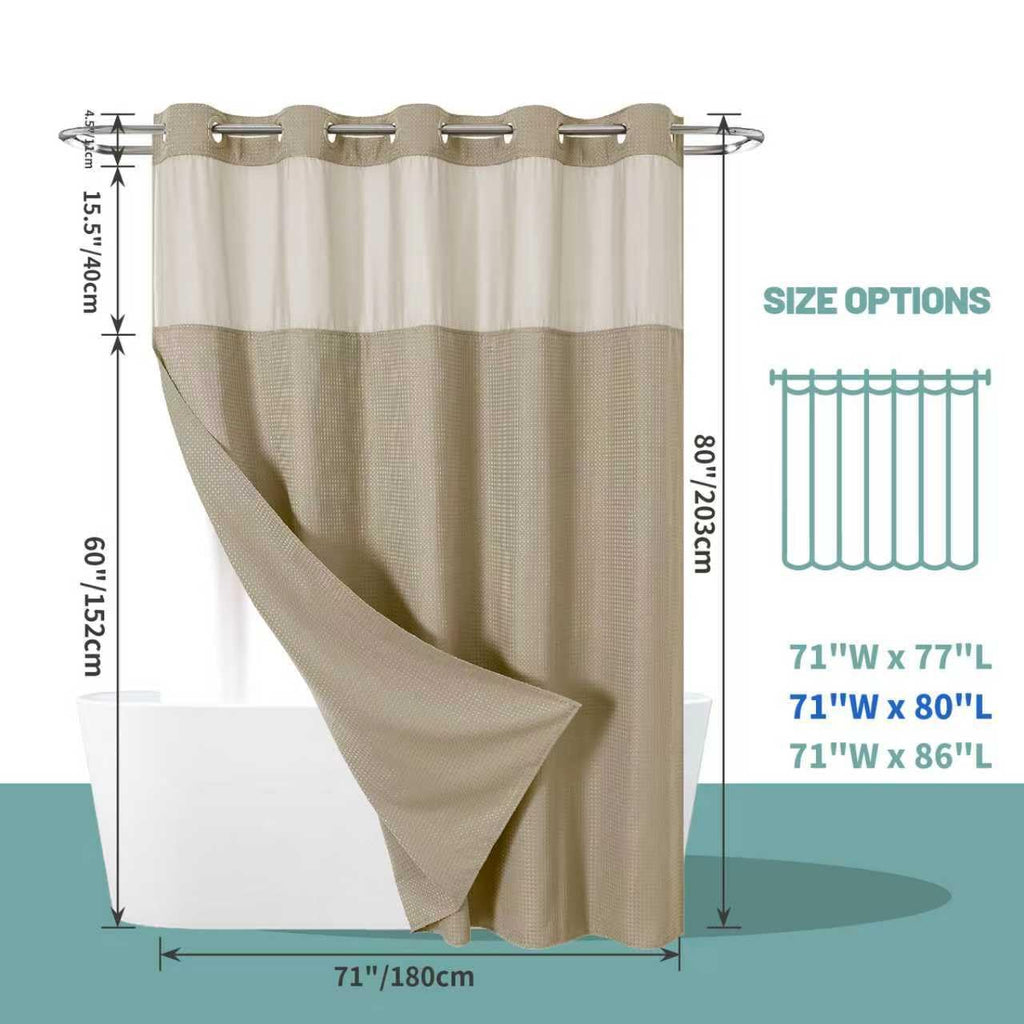 No Hook Waffle Shower Curtain with Snap-in Liner, 71x80 Inch, Khaki
