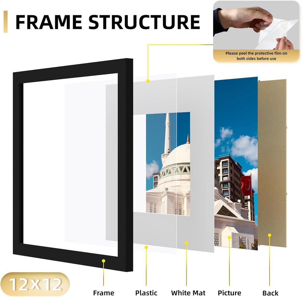 12x12 Picture Frame Set of 9, Photo Gallery Wall Frame Set, Display Pictures 8x8 with Mat or 12 x 12 Without Mat