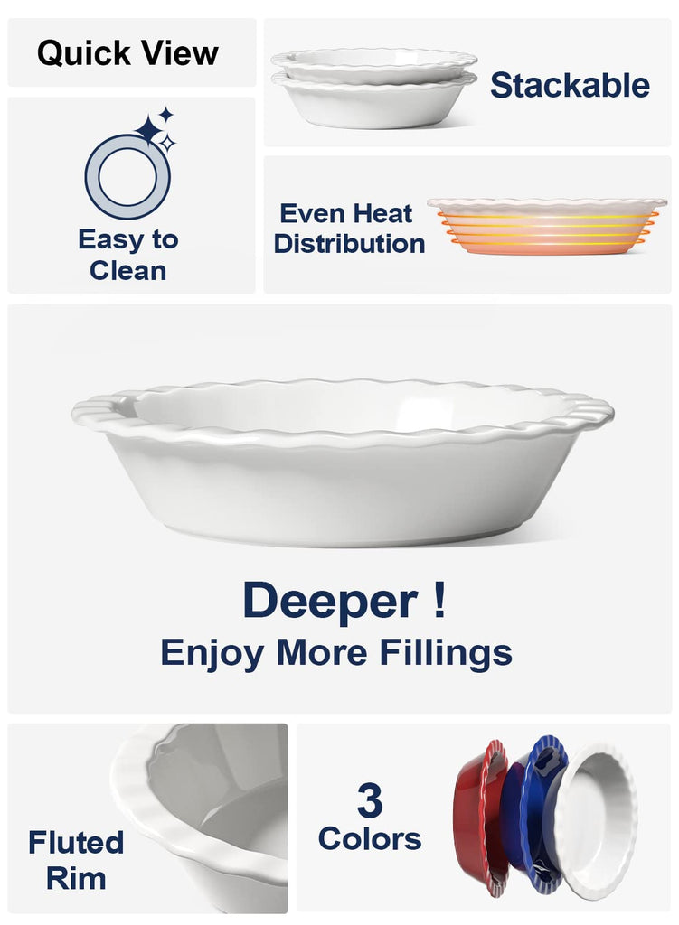 Ceramic Pie Pans for Baking, 9 inch, 52 ounce, Set of 2, White