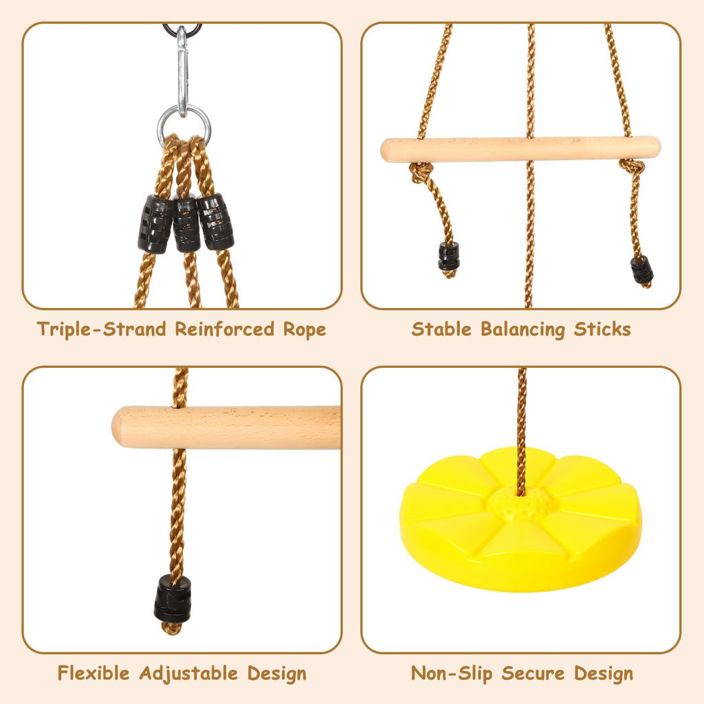 Disc Swing for Kids Outdoor Circle Tree Swings with Monkey Bars Yellow