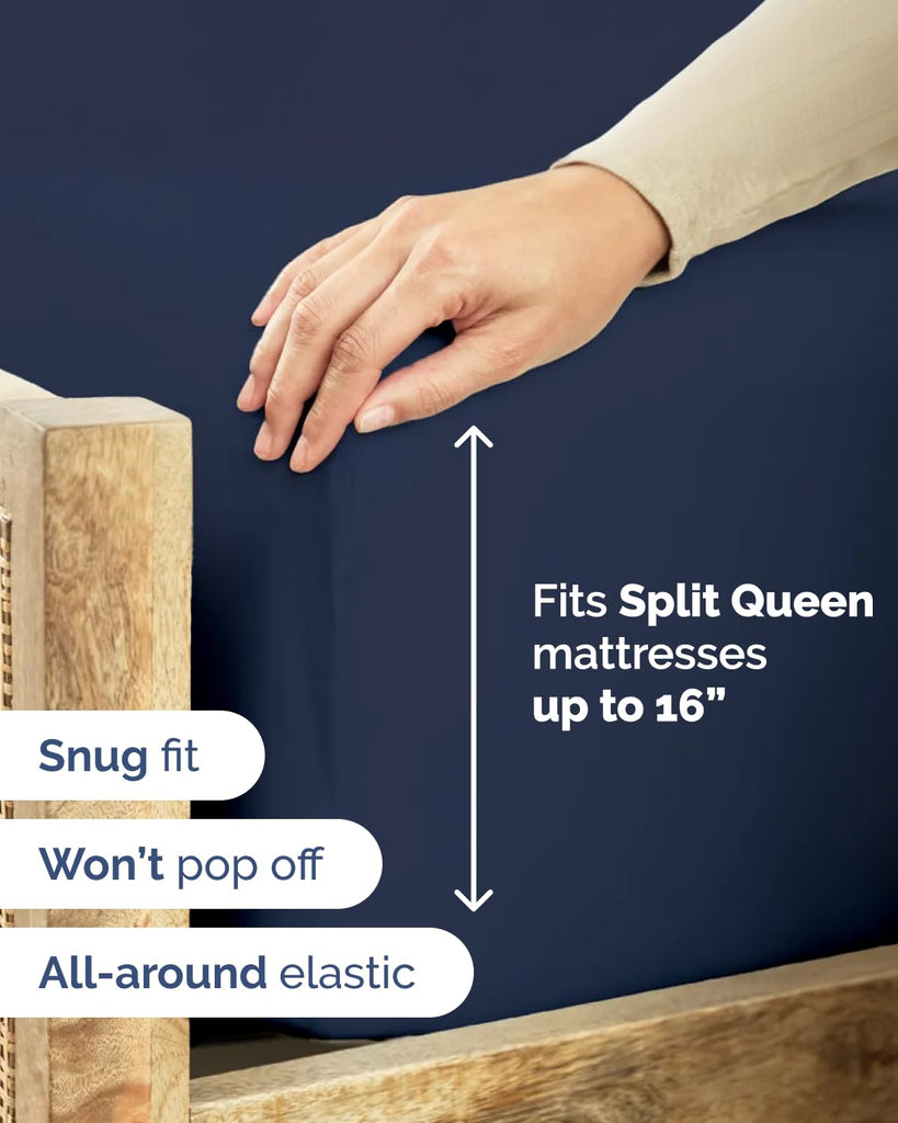 Split Queen Fitted Bed Sheets - 2 Piece Fitted Sheets Only - Navy Blue