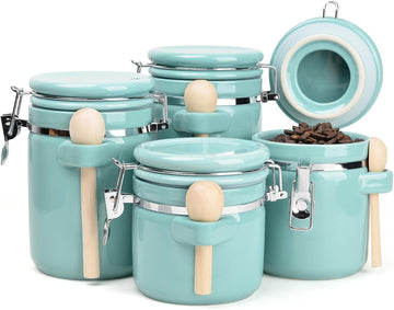 Airtight Ceramic Canister Set With Attached Wooden Spoon Reusable Chalk Labels For Dry Goods Sugar Coffee Tea - Set of 4