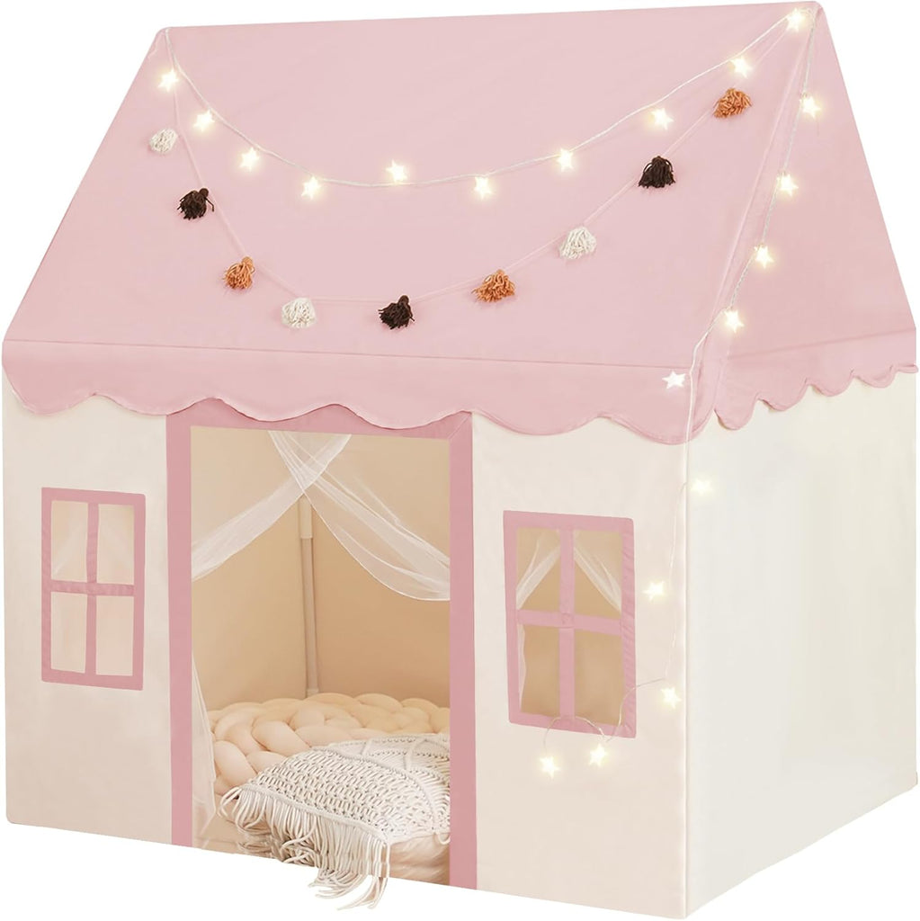 Large Kids Tent with Mat, Star Lights, Tissue Garland, Play Tents for Indoor & Outdoor Use, Kids Play Tent for Girl &