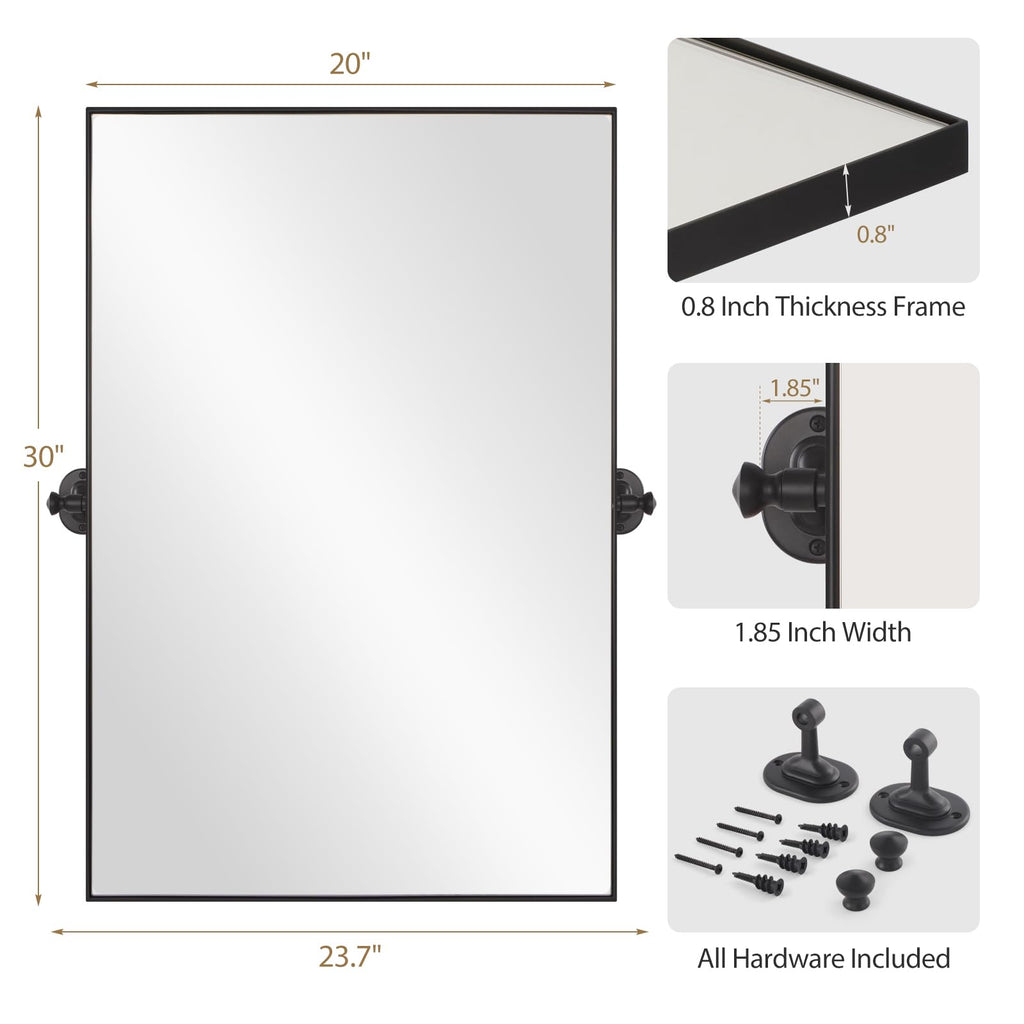 Black Pivot Mirror 20"×30" Tilting Bathroom Mirror Square Rectangle Vanity Mirrors for Wall with Stainless Steel Frame