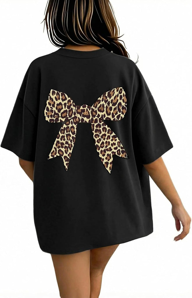 Girl's Bow Leopard Graphic Tees 2 Pack Summer Tops