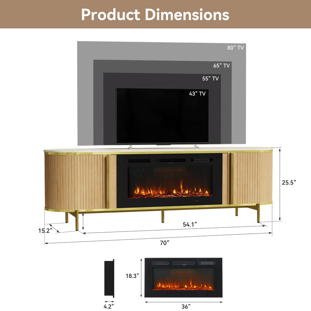 Luxury Fluted TV Stand with Fireplace, 70 inch, Oak