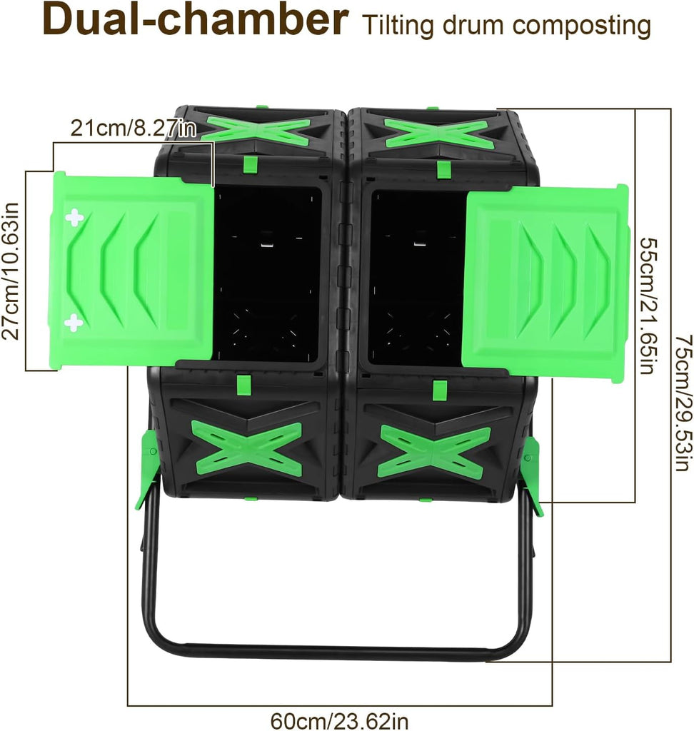140L Dual Chamber Efficient Outdoor Compost Bin with Sliding Door | 360 Degree Rotating Large Composter Easy Setup