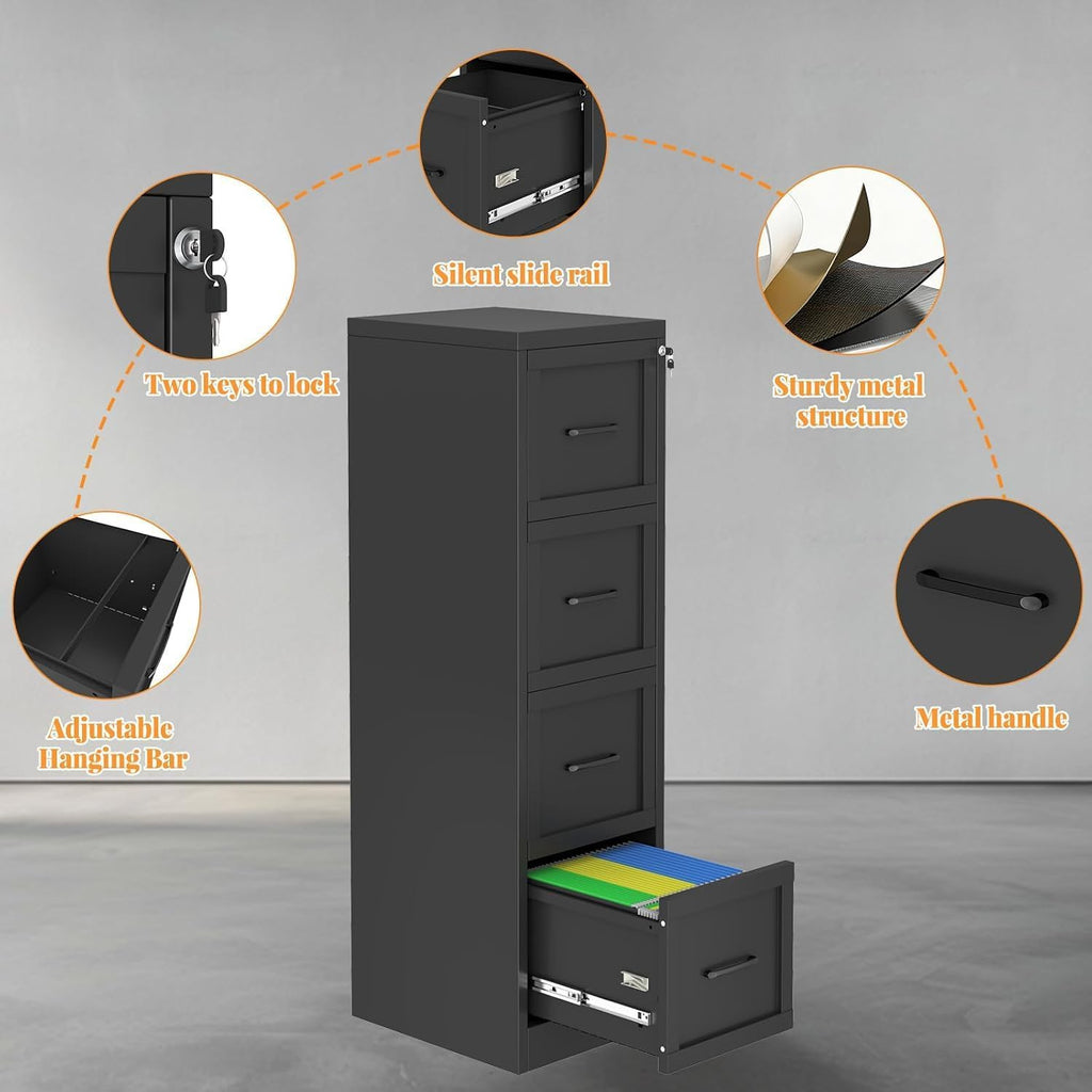 4-Drawer File Cabinet with Lock, Narrow Vertical Filing Cabinets | Metal File Cabinets Storage Cabinet for Letter