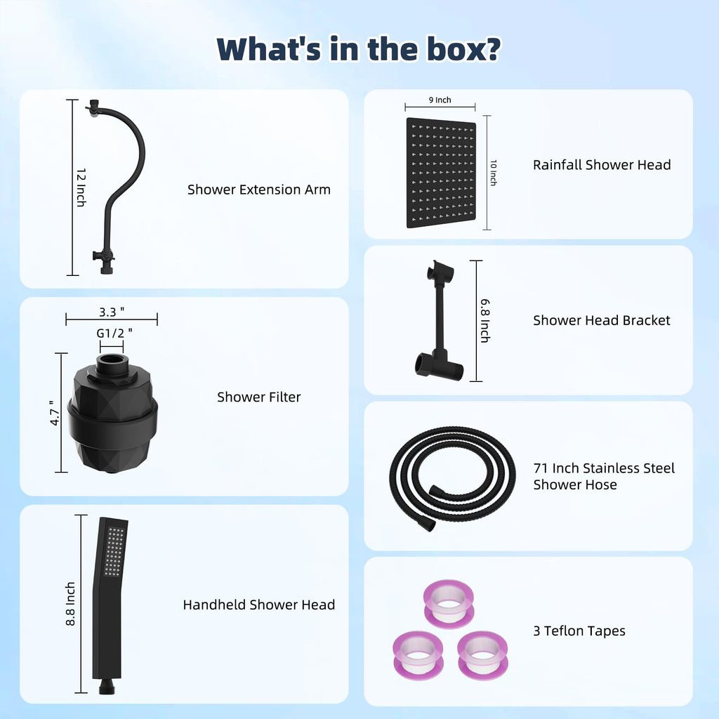 All Metal 10'' Filtered Rainfall Shower Head Combo, High Pressure Handheld Shower Wand, 12'' Adjustable Extension