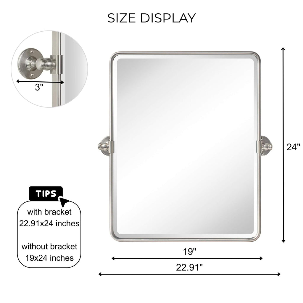 Farmhouse Nickel Metal Framed Pivot Rectangle Bathroom Mirror Rounded Rectangluar Tilting Beveled Vanity Mirrors for
