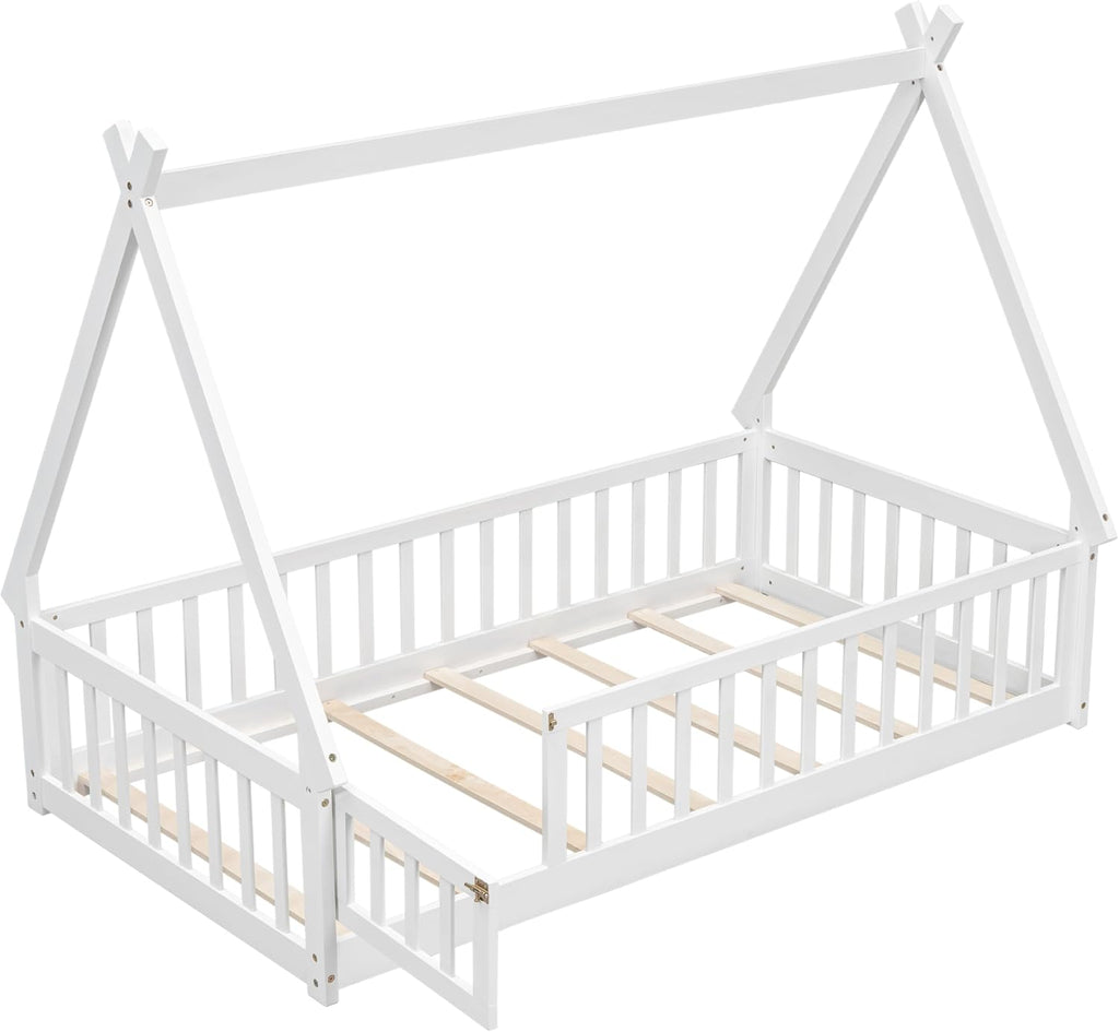 Floor Bed for Kids Tent-Shaped Montessori Floor Bed with Slats and Guardrails Wood Teepee Bed Frame