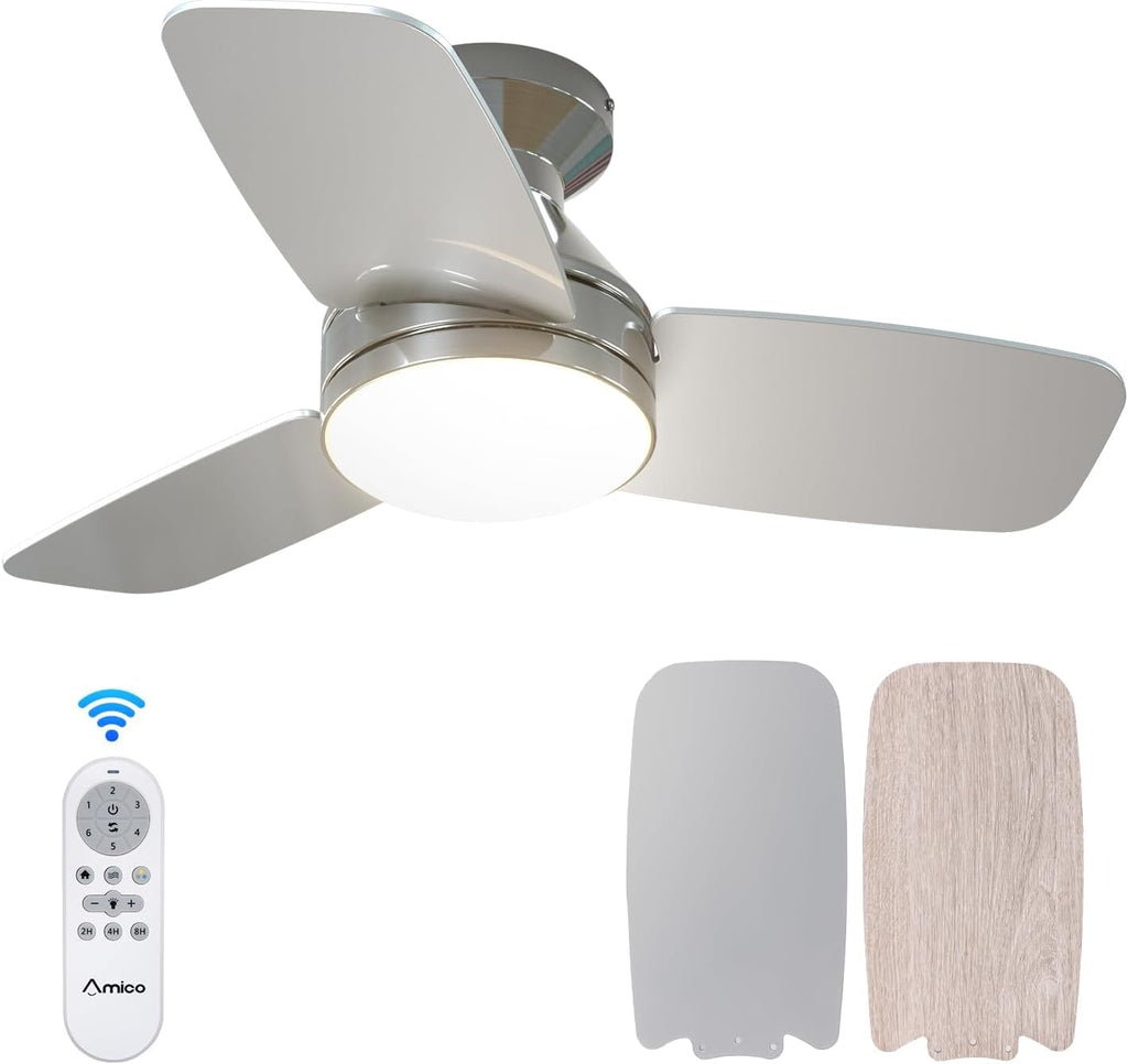 Ceiling Fans with Lights, 30 inch Low Profile Ceiling Fan with Light and Remote Control, Flush Mount, Reversible, 3CCT, Dimmable, Noiseless, Nickel Ceiling Fan for Bedroom, Indoor/Outdoor Use A102-B0C61KVQC4