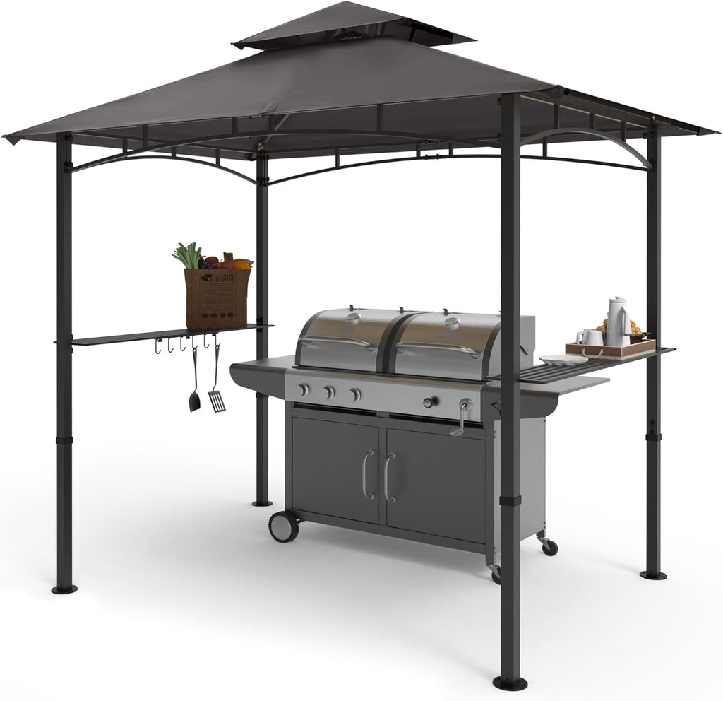 8'x 5' Grill Gazebo Double Tiered Outdoor BBQ Gazebo Canopy with LED Light (Gray)