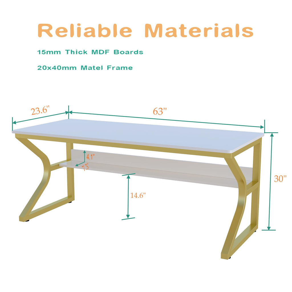 63-Inch Extra Long Desk with Storage Shelf, Gold
