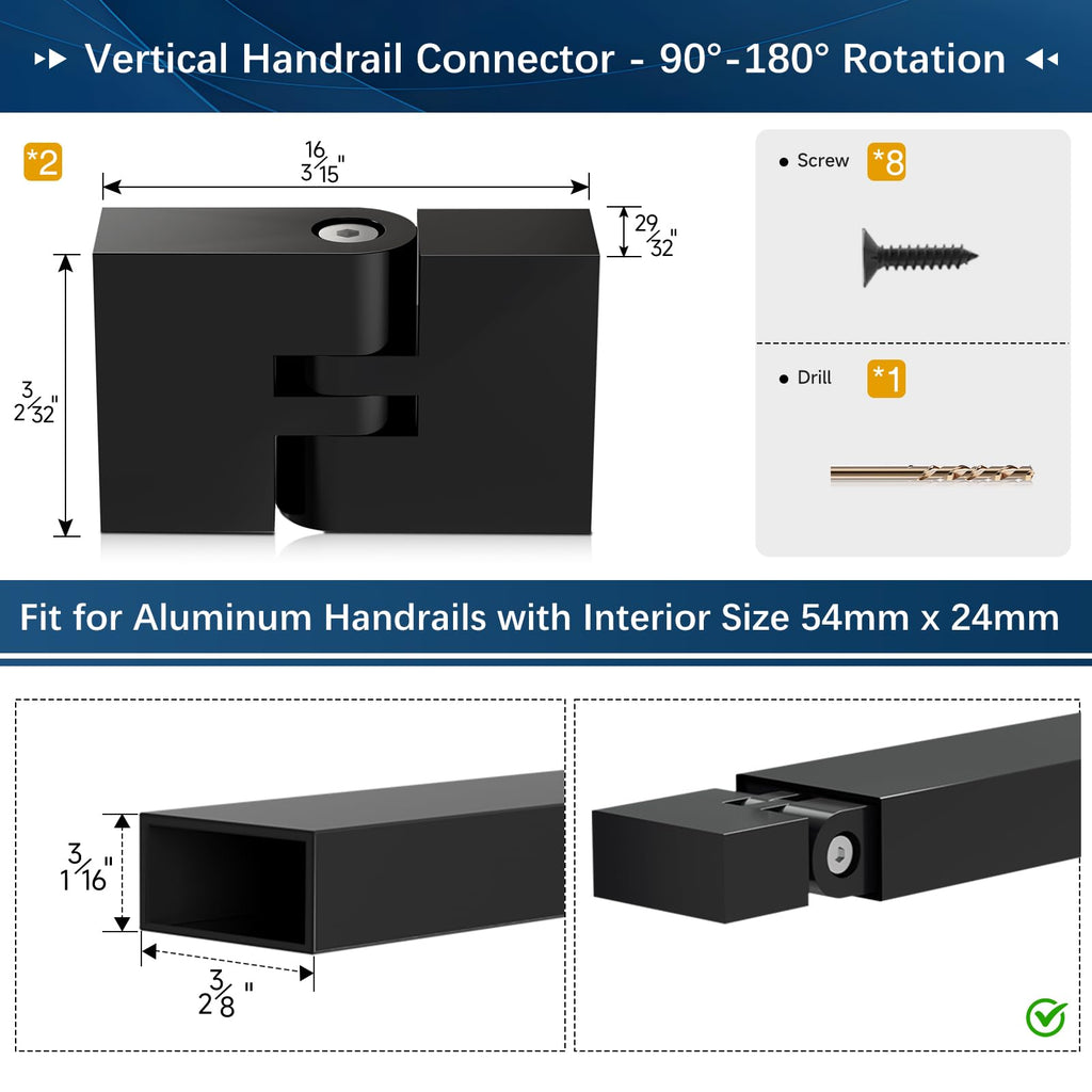 2 Pack Black Vertical Pivot Connector 100mmx23mmx53mm for Aluminum Handrail, 180° Adjustable Hand Rail Fitting High
