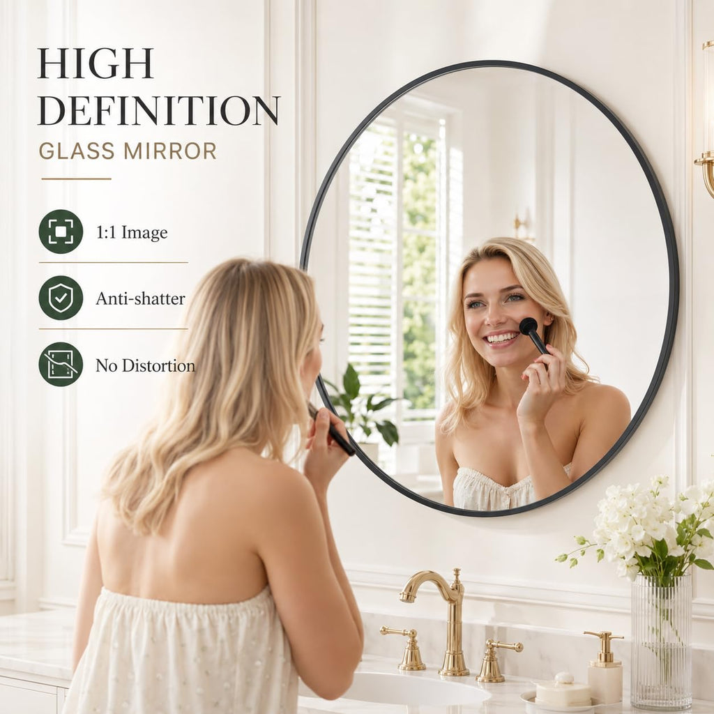 36 Inch Round Bathroom Mirror, Black Vanity Mirror with Metal Frame, Modern Circle, Wall Mounted Decorative Mirrors