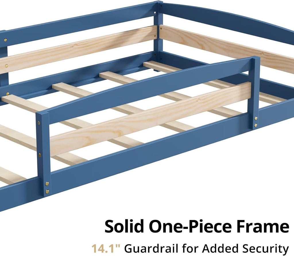 Floor Bed Frame with 2 Openings, Wooden Low Montessori Bed with Safe Guardrails for Boys Girls, Mist Blue