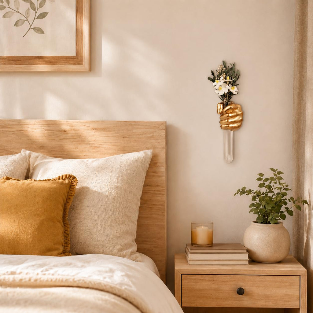 Gold Wall Sculptures, Hand Vases Home Decor, Wall Mount Art Sculpture, Unique Wall Art Statue, Funky Flower Vase