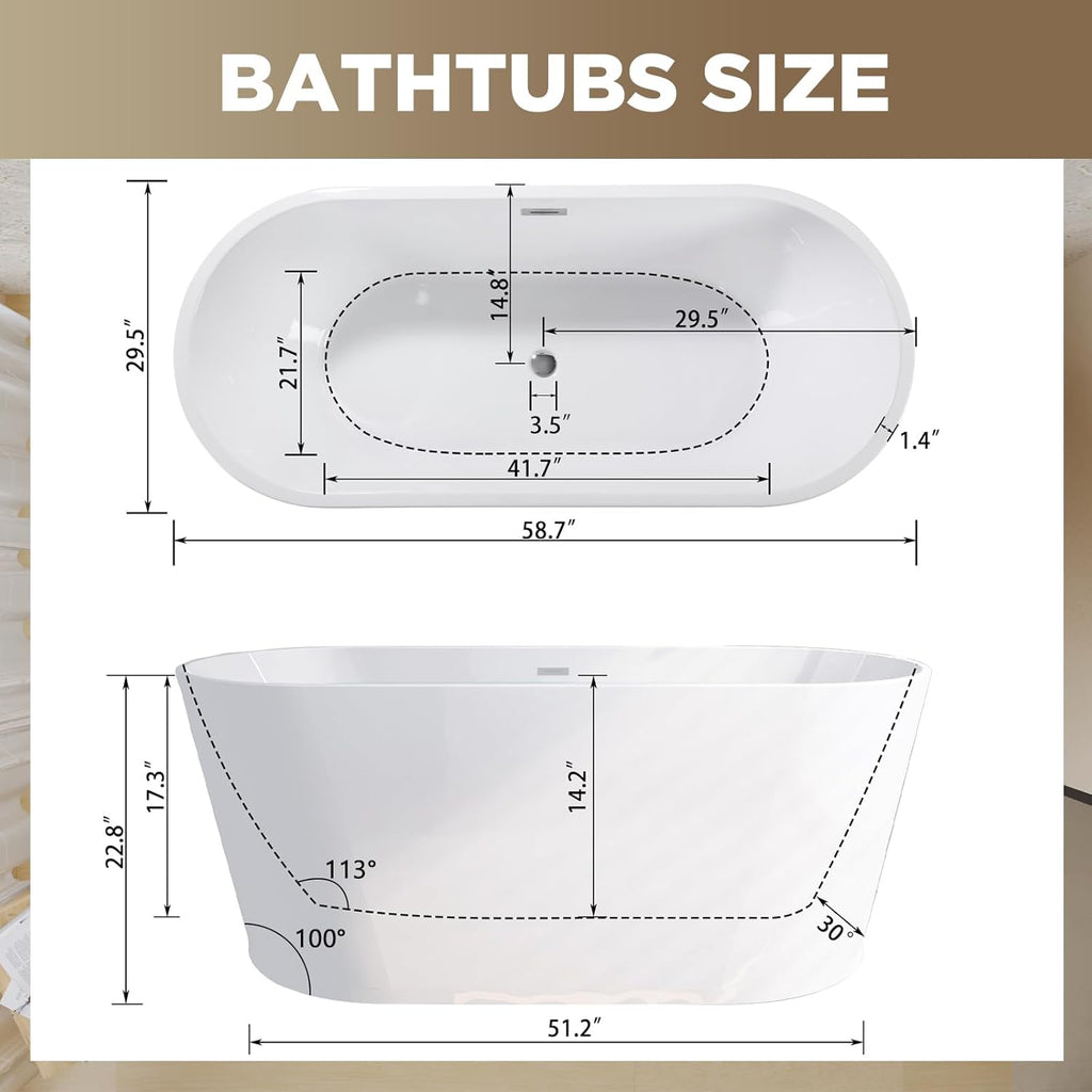59 Inch Free Standing Bathtub,Made of Pure Acrylic Material with 8 Layers of Reinforced Coating,Cupc Certified