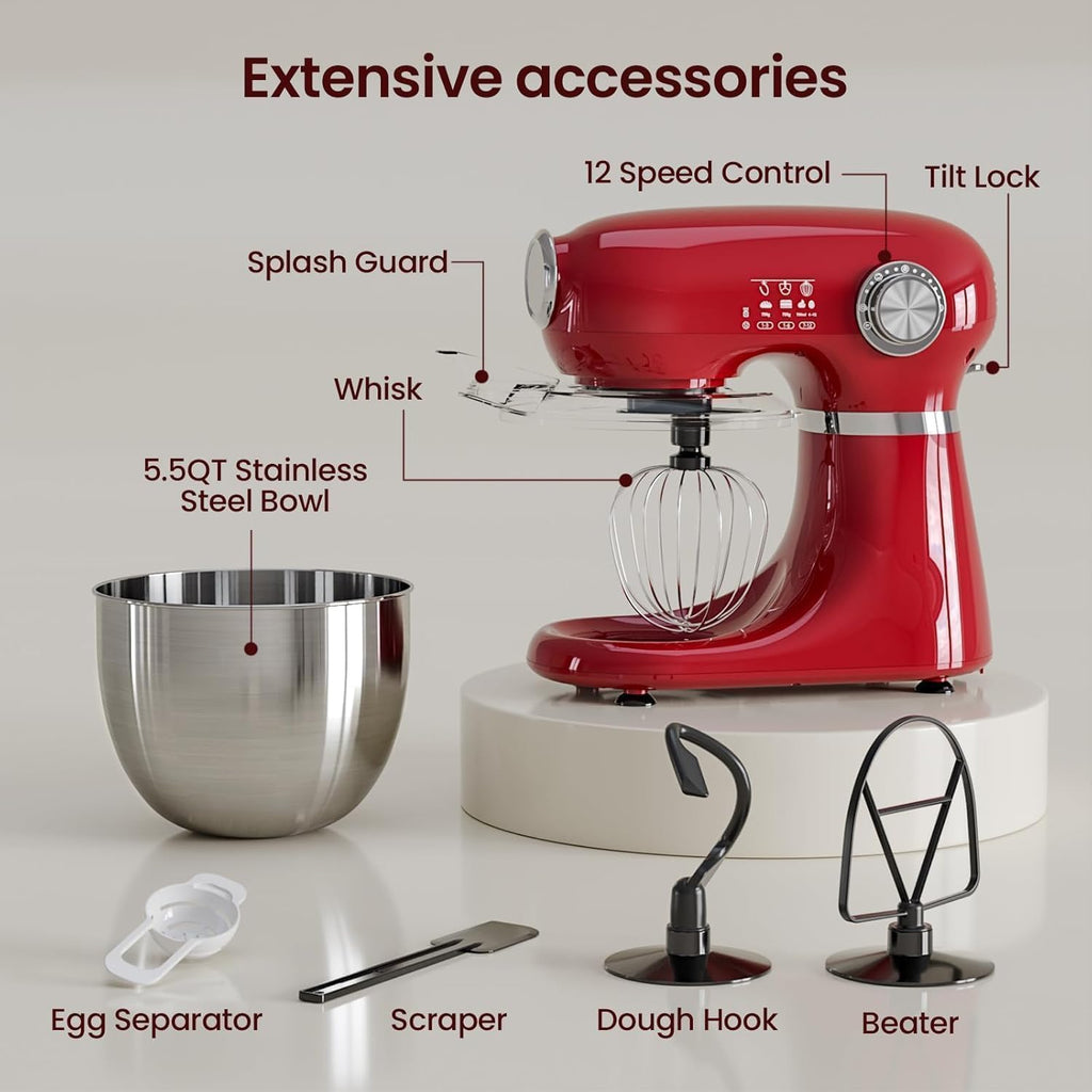 5.5QT 12-Speed Electric Stand Mixer, Tilt Head Kitchen Mixer, Red