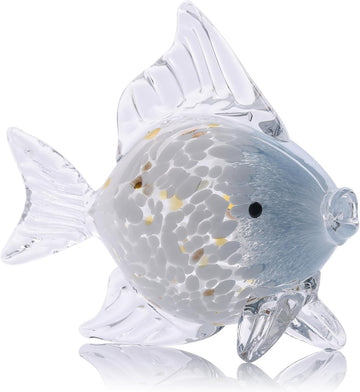 Large Hand Blown Glass Fish Figurines, Aquarium Sea Glass Art, Blue White Fish Statue Sculpture Modern Coastal Accent
