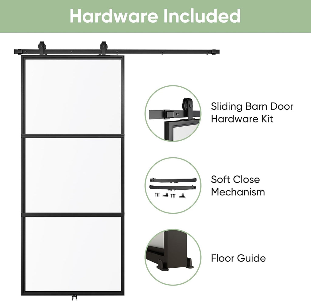 36in x 84in Frosted Glass Barn Door with 6FT Top Mounted Hardware kit Include Soft Close Mechanism B