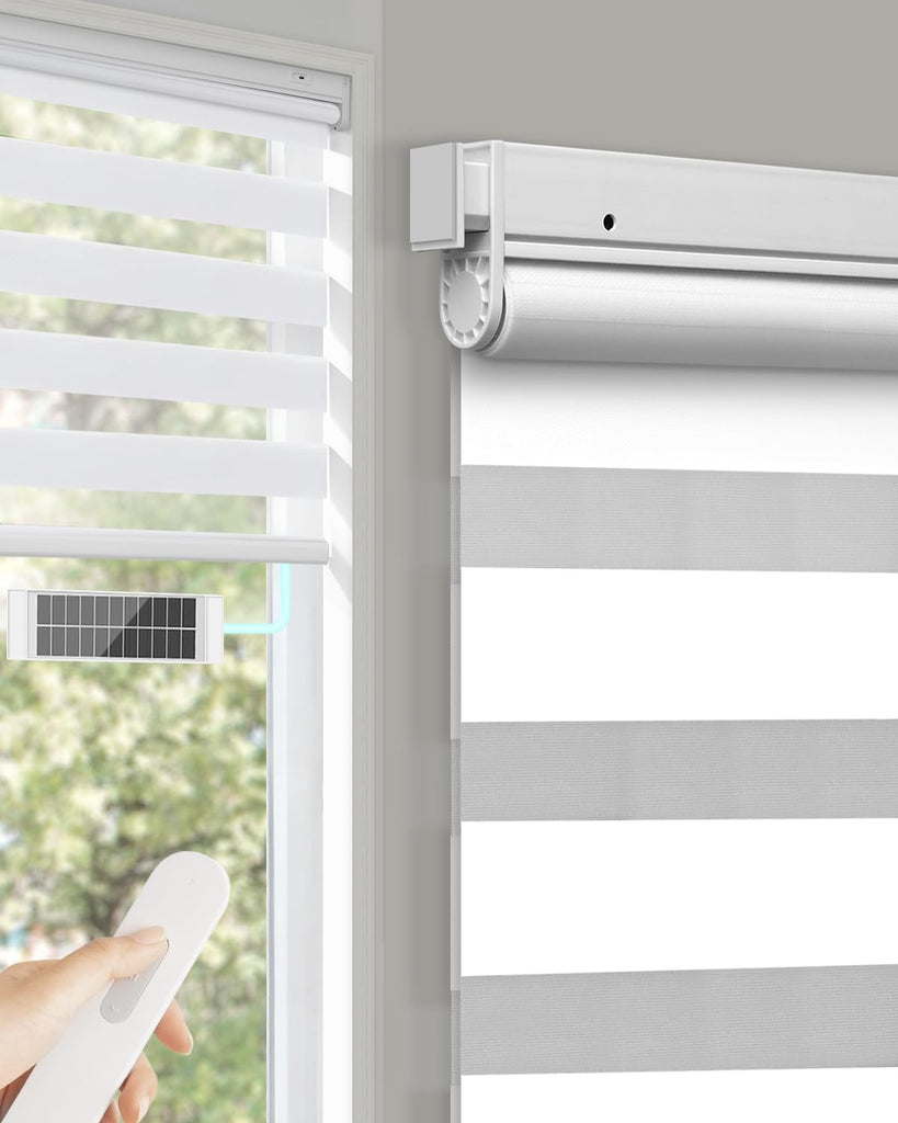 No Drill Motorized Zebra Blinds with Remote,Cordless Shades Dual Layer,Thermal Insulated Upgraded Shades(White,34.5"