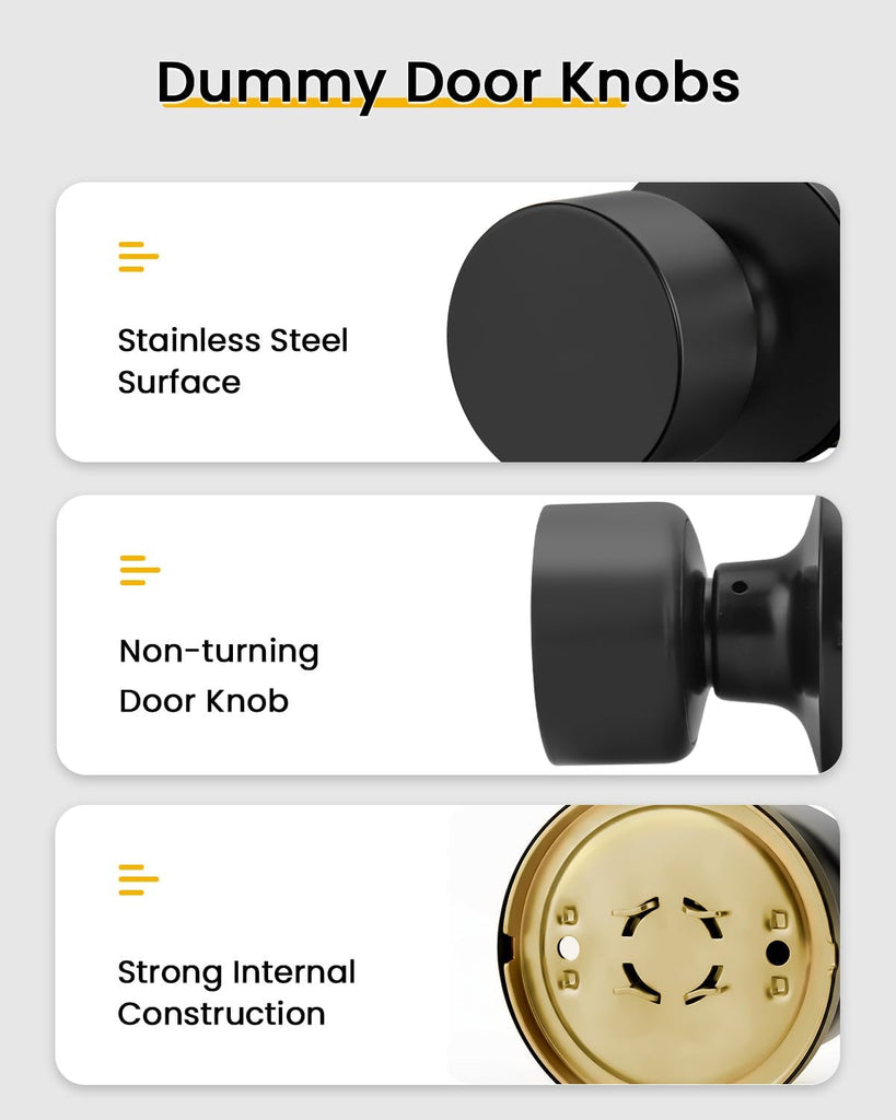 Matte Black Dummy Door Knobs, Non-Turning Interior Handle 1 Pack