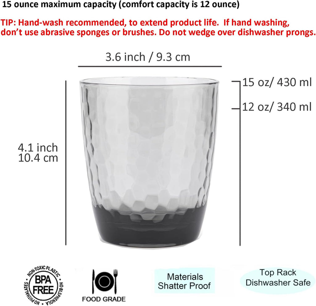 Hammered 15-ounce and 26-ounce Plastic Tumbler Acrylic Glasses, set of 8 Smoky Grey
