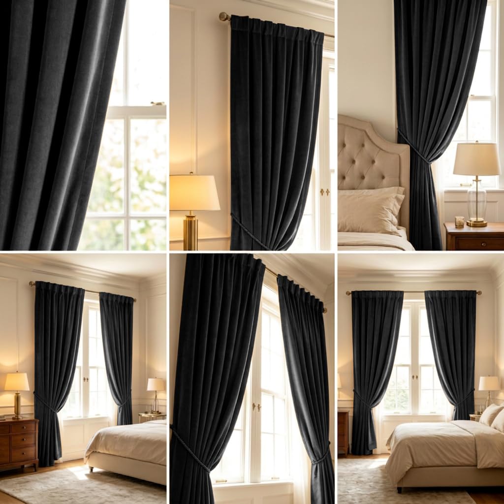 Midnight Black Velvet Blackout Curtains 52x120, 2 Panels