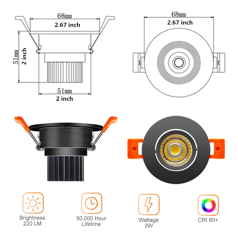 2inch LED Dimmable Downlight, 3W COB Recessed Ceiling Light, Daylight White 5500K-6000K, CRI80, 25W Halogen Bulbs