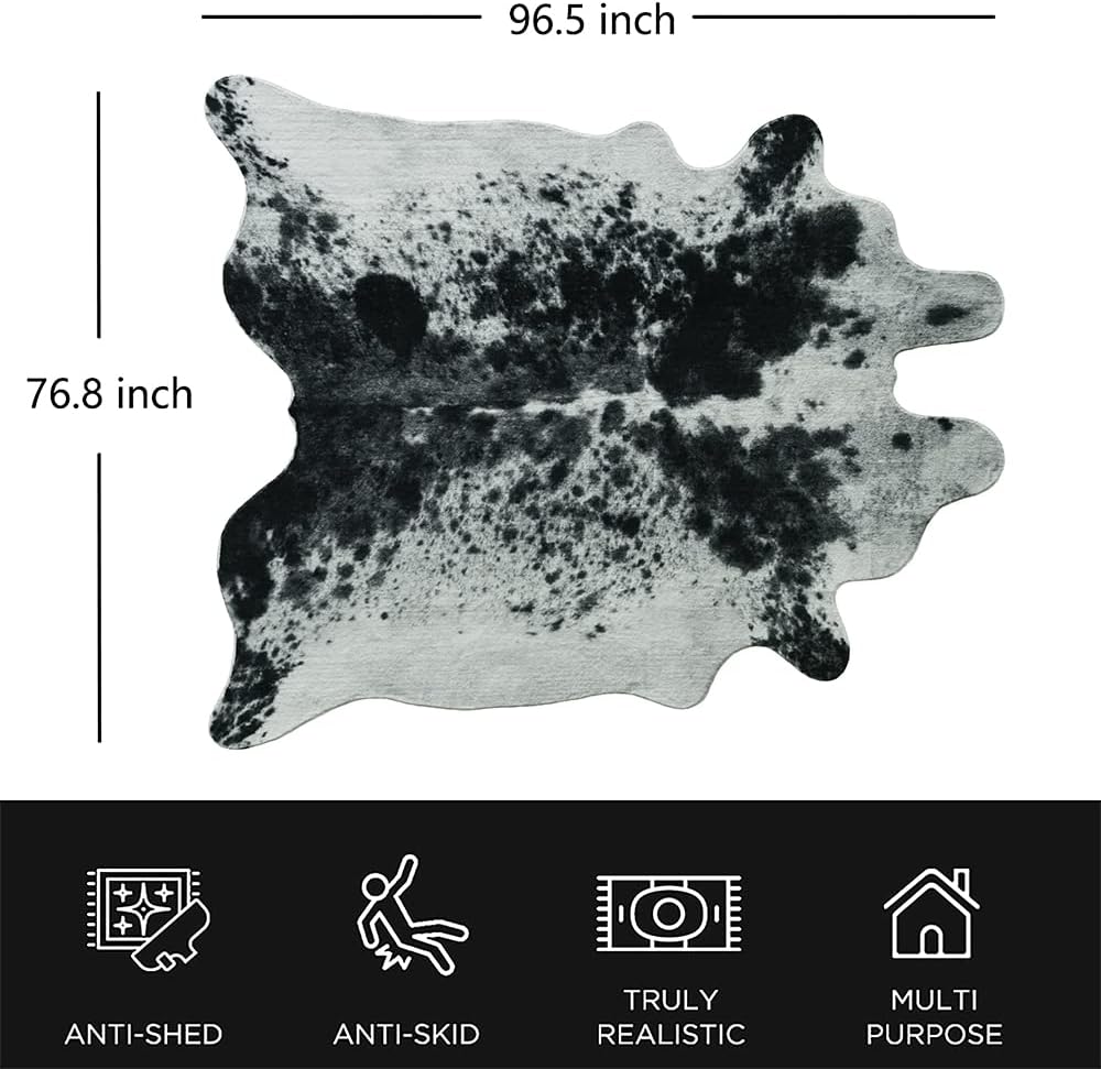 Faux Cowhide Rug 6.4 ft x 8 ft Black and White Cow Print Area Rug Faux Animal Skin Rug Bedroom Nursery