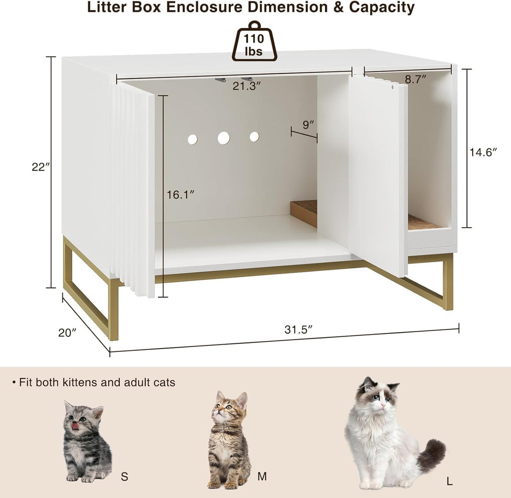 Cat Litter Box Enclosure, Hidden Litter Box Furniture with Scratch Pad, Modern Fluted Cat Litter Box Cabinet, Wooden