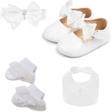 White Christening Baptism Baby Girl Outfits Dressup Accessories Gift 4 Pcs Headband Socks Shoes Sets