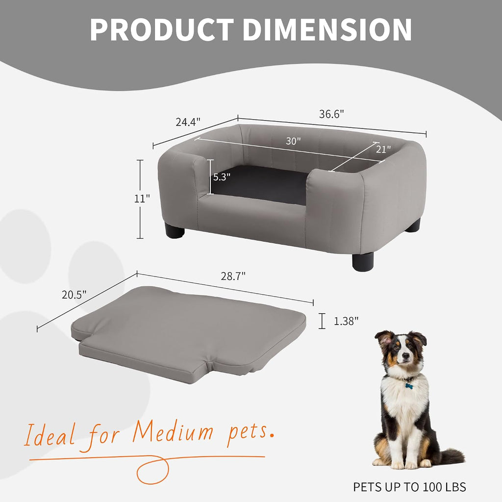 37-Inch Modern Pet Sofa with PU Scratch-Resistant Fabric and Adjustable Legs, Elevated Dog Couch for Small and Medium